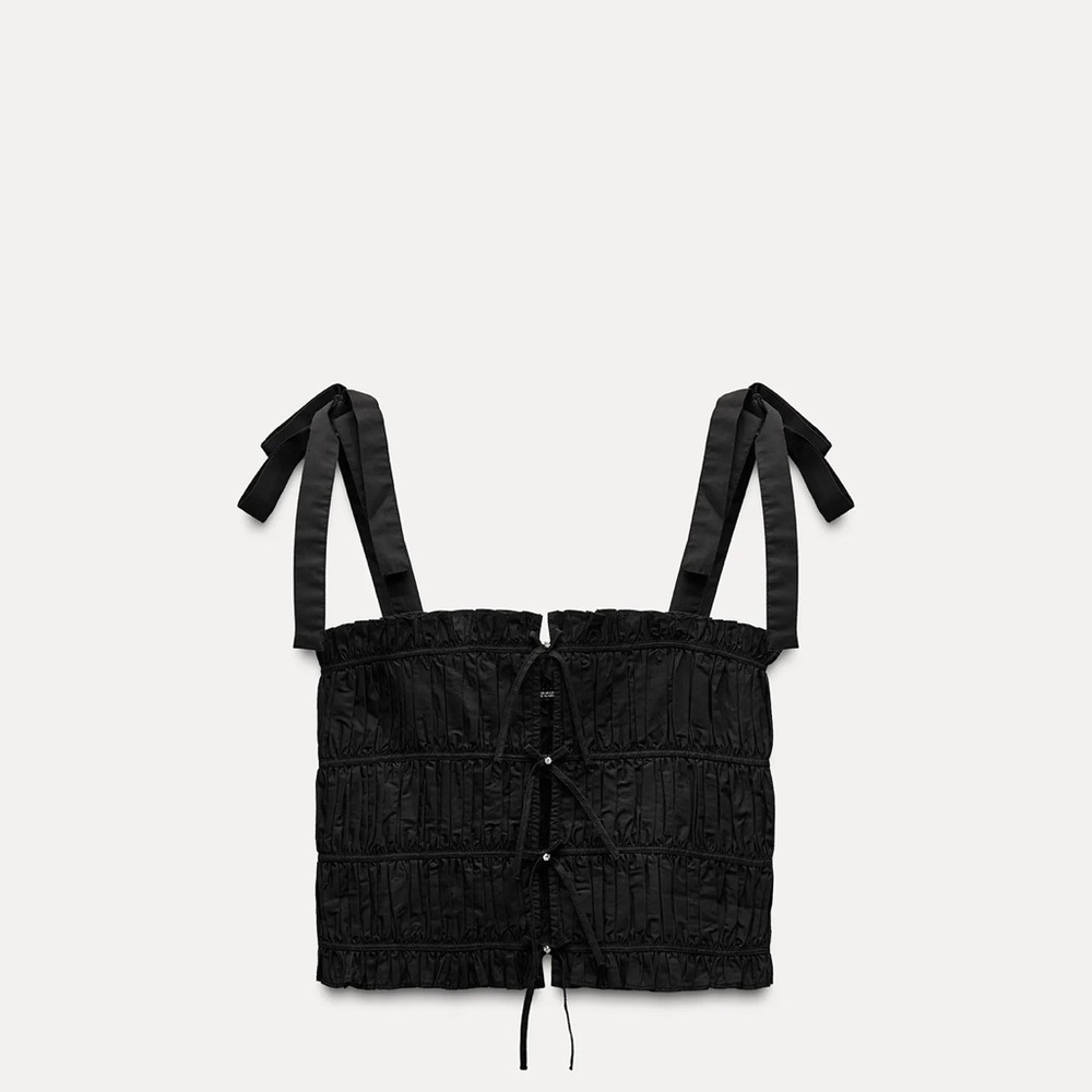 Zara poplin top with bows and jewels Ruched Crop Top with bow Ribbon Straps